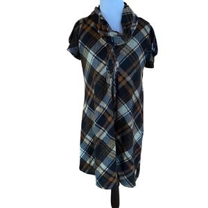JH Brown Black Plaid Cowl Neck Puff Sleeve Shift Dress Large